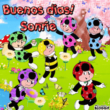 a bunch of ladybugs are dancing in a field with the words buenos dias sonrie