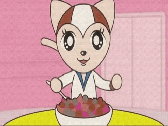 a cartoon cat is holding a spoon in front of a bowl of food