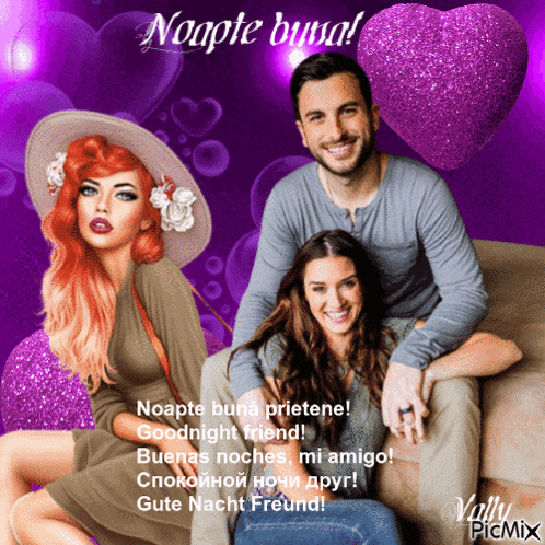 a man and two women are sitting on a couch with a purple background