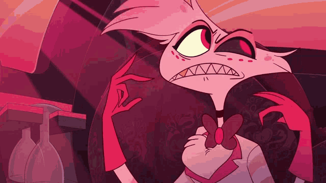 a pink cartoon character with a bow tie is making a face