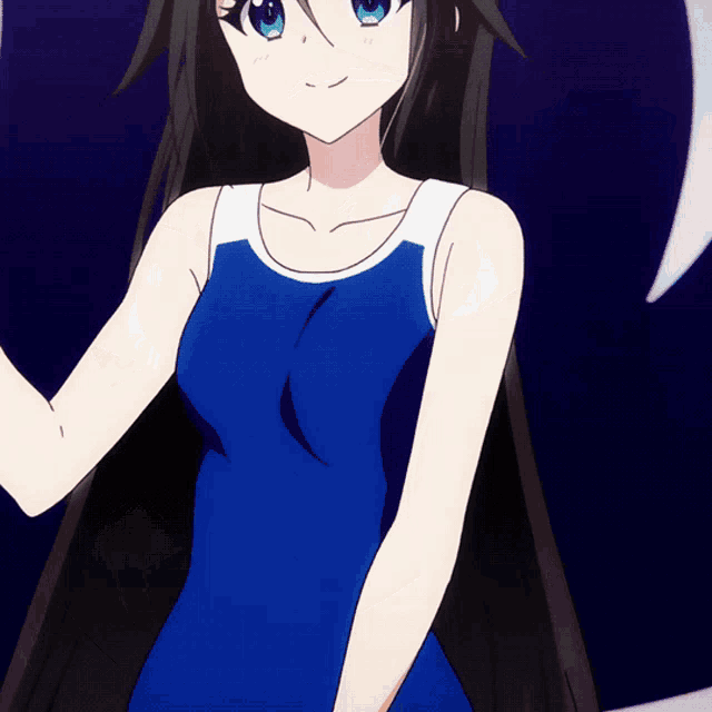 a girl with long black hair is wearing a blue tank top with white trim