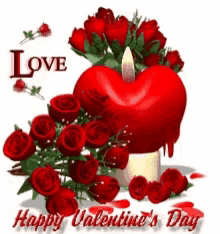 a valentine 's day greeting card with a heart shaped candle and roses