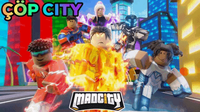 a group of roblox characters standing next to each other with cop city madcity written on the bottom right