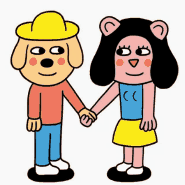 a boy and a girl are holding hands in a cartoon drawing