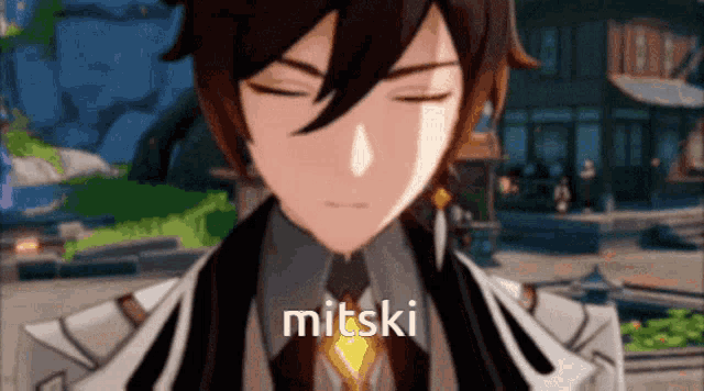 a close up of a anime character with the word mitski written on the bottom