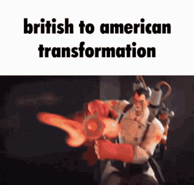 a british to american transformation meme with a picture of a man holding a gun .