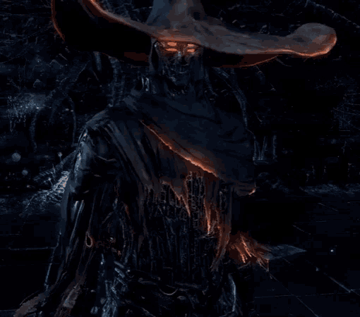a monster with glowing eyes and a cowboy hat is standing in the dark