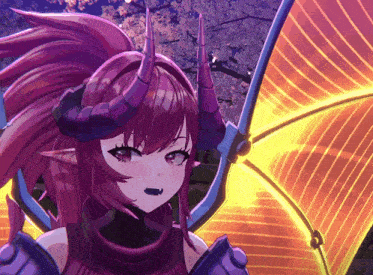 a close up of a purple anime character with wings and horns