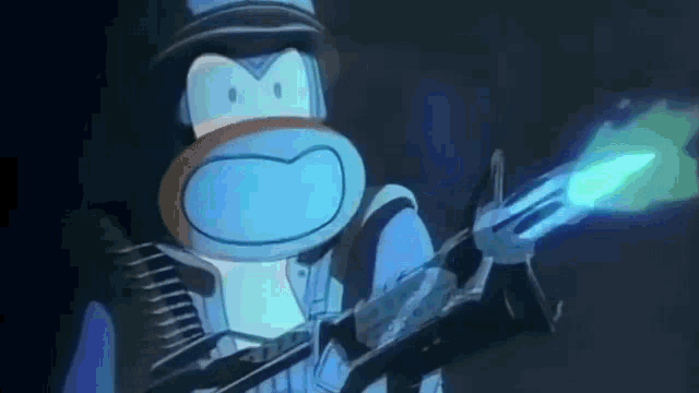 a cartoon monkey is holding a gun with a flame coming out of it .