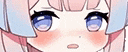 a close up of a cartoon girl 's face with blue eyes and pink hair .