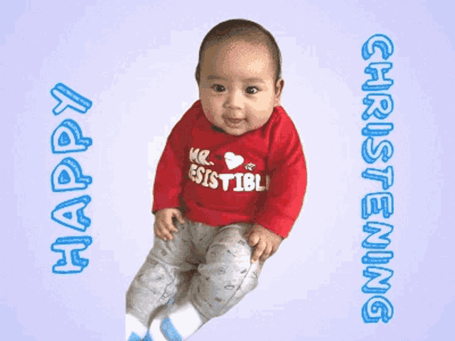 a baby wearing a red shirt that says we existible on it