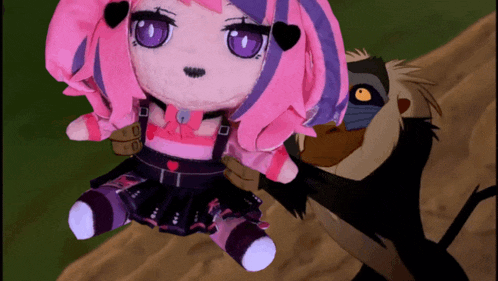 a stuffed doll with pink hair and purple eyes is sitting next to a cartoon character