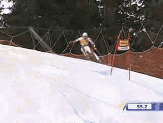 a skier is going down a snowy slope with the number 55.2 on the bottom