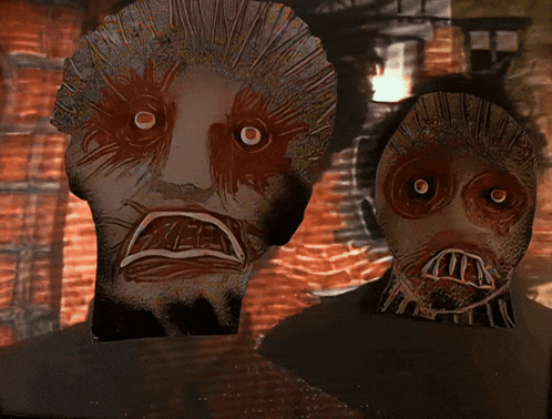 a painting of two monsters with red eyes and a brick wall in the background