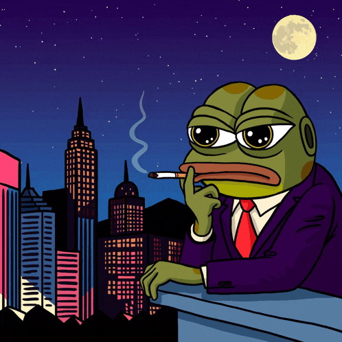 a frog in a suit and tie is smoking a cigarette in front of a city skyline