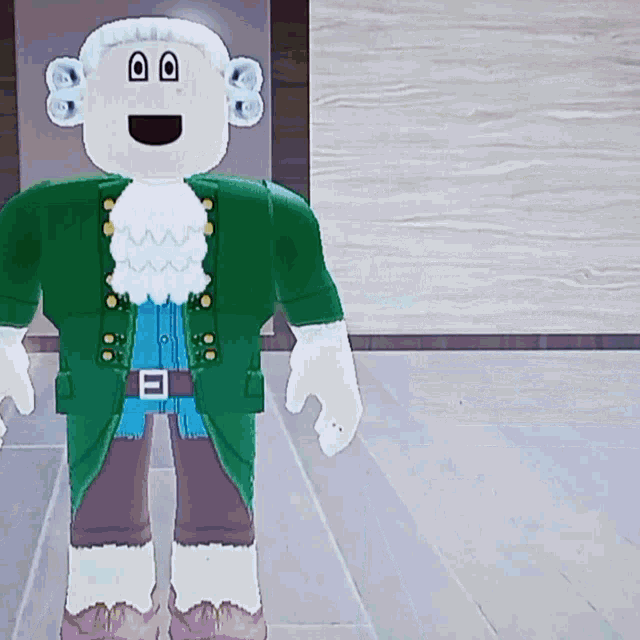 a cartoon character is wearing a green coat and a white wig
