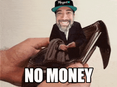 a hand holding a wallet with a man 's face in it and the words no money below it