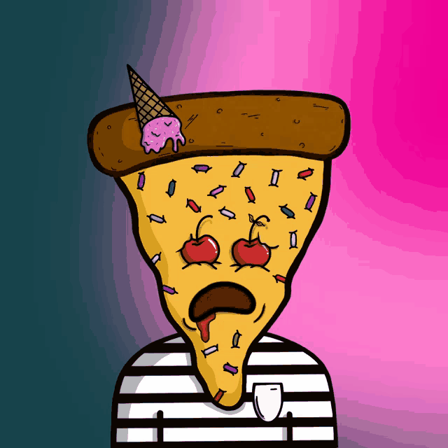 a cartoon drawing of a slice of pizza with an ice cream cone on top