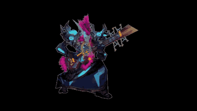 a drawing of a monster holding a sword with a black background