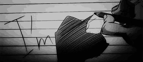 a black and white drawing of a person writing the letter i on a piece of paper .