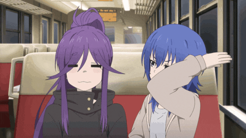 two anime girls with purple hair are sitting next to each other on a train