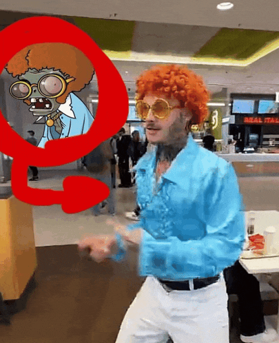 a man in a blue shirt and white pants is dancing in front of a mcdonald 's that says real meal