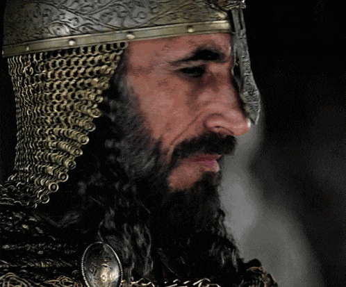 a man with a beard wearing a helmet with chain mail