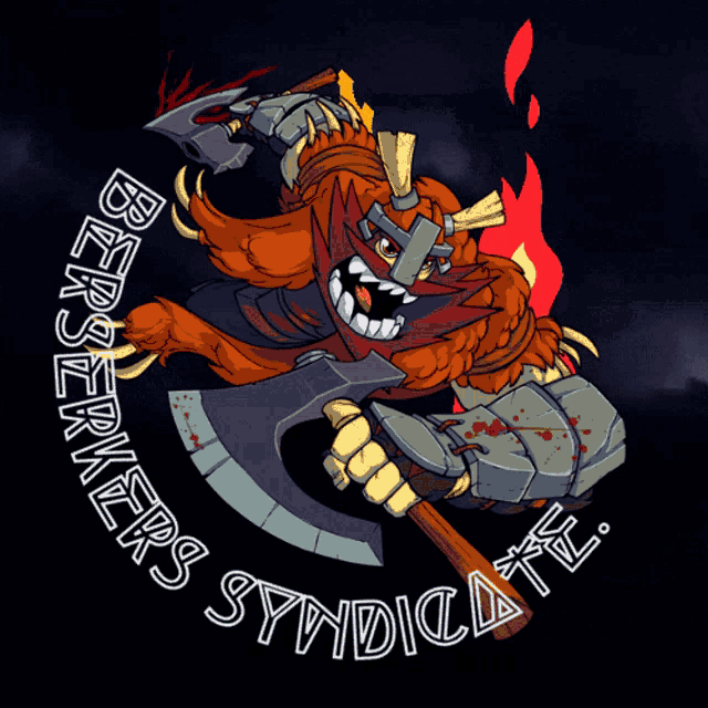 a cartoon drawing of a bearded warrior with an axe and the words berserkers syndicate surrounding it