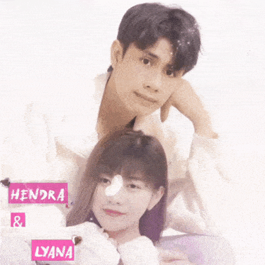 a man and a woman are sitting next to each other with the name hendra and lyana written in pink