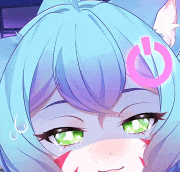 a close up of a cartoon character with a pink power button on her head