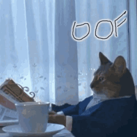a cat in a tuxedo is sitting at a table with a cup of coffee and a book .