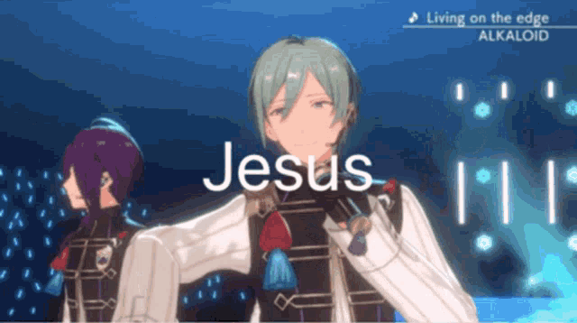 two anime characters are standing next to each other and the word jesus is on the bottom