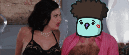 a cartoon of a woman and a cartoon of a bird with a red lip