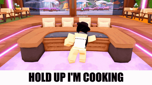 a person in a video game with the words hold up i 'm cooking above them