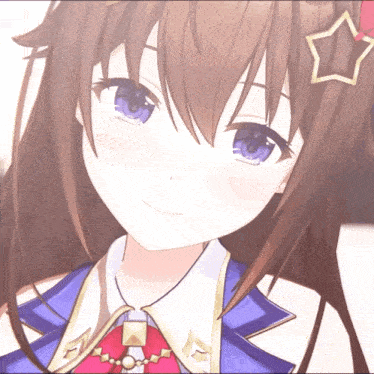 a close up of a brown haired anime girl with a star on her hair