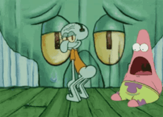 squidward and patrick from spongebob squarepants are sitting on a wooden floor