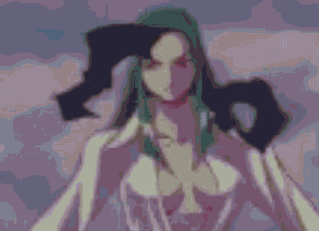 a blurry drawing of a woman with horns