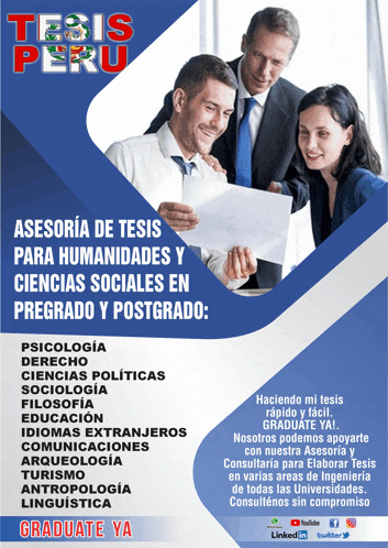 a poster for tesis peru shows a man and two women looking at a laptop