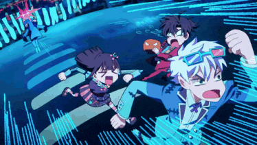 a group of cartoon characters are running across a crosswalk