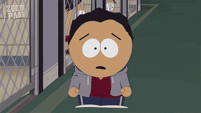 a cartoon character is standing in a hallway with a sign that says south park