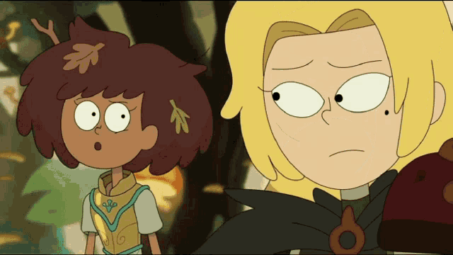 two cartoon characters are standing next to each other and one has a leaf in her hair