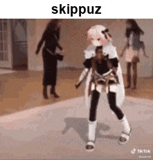 a person in a costume is dancing in a room with a caption that says skippuz .