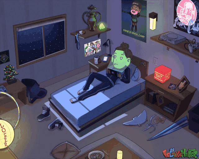 a cartoon drawing of a person laying on a bed with a poster that says being a video game player