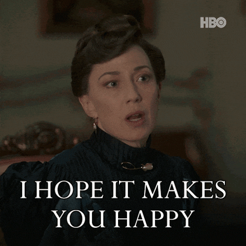a woman says " i hope it makes you happy " in front of an hbo logo