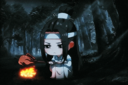 a cartoon character holding a torch in a forest