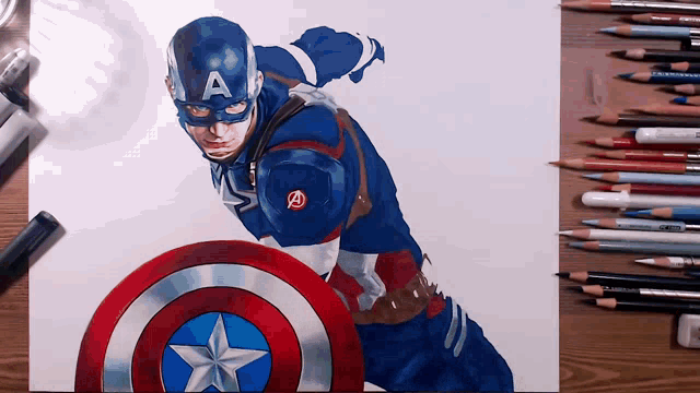a drawing of captain america with the letter a on his cap