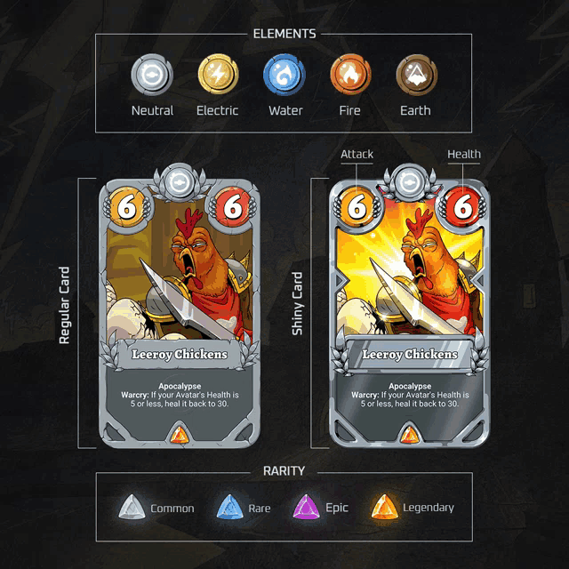 a regular card and a shiny card for leeroy chickens are shown