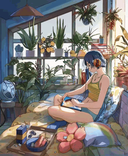 a drawing of a girl sitting on a bed surrounded by plants and books