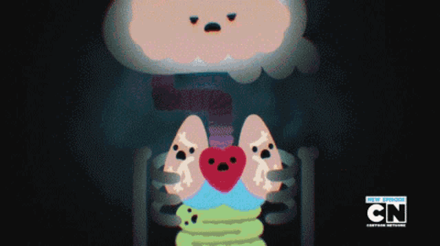 a cartoon character is holding a heart with the cn logo on the bottom