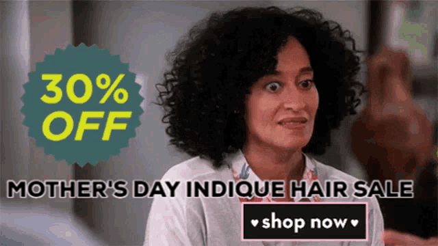 an advertisement for mother 's day hair sale with a woman with curly hair